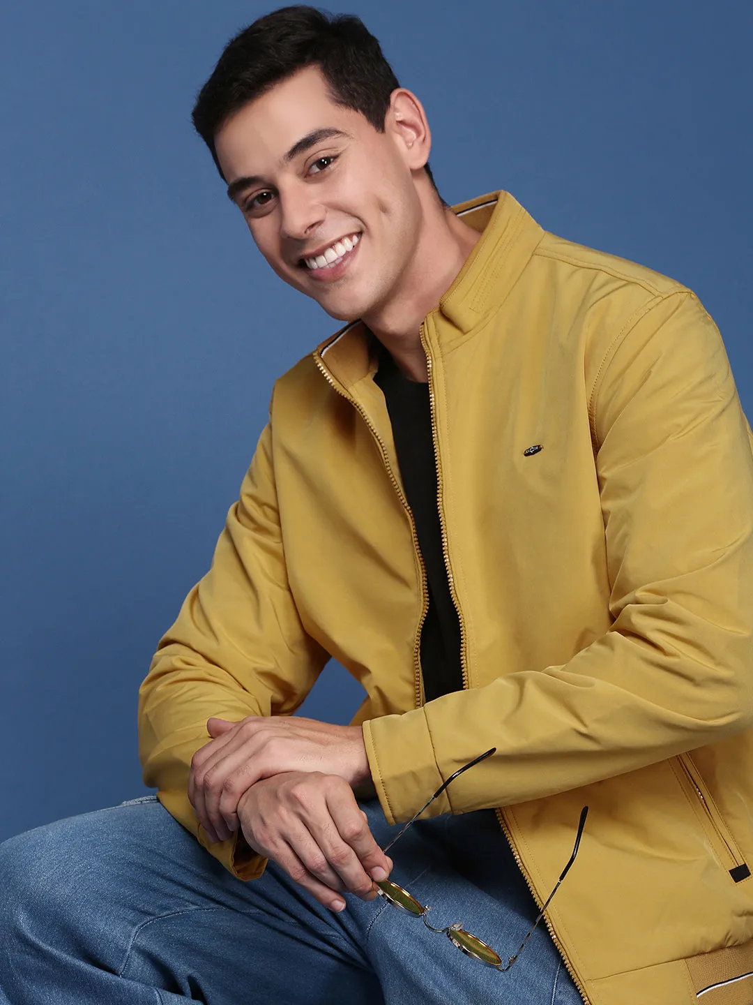 Men Yellow Windcheater Mock Collar Solid Yellow Bomber Jacket