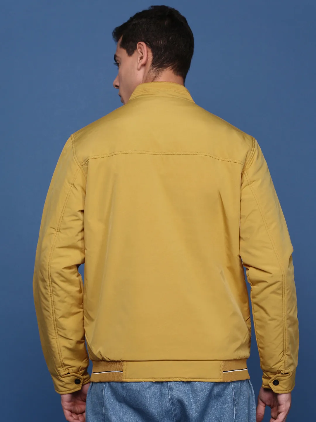 Men Yellow Windcheater Mock Collar Solid Yellow Bomber Jacket