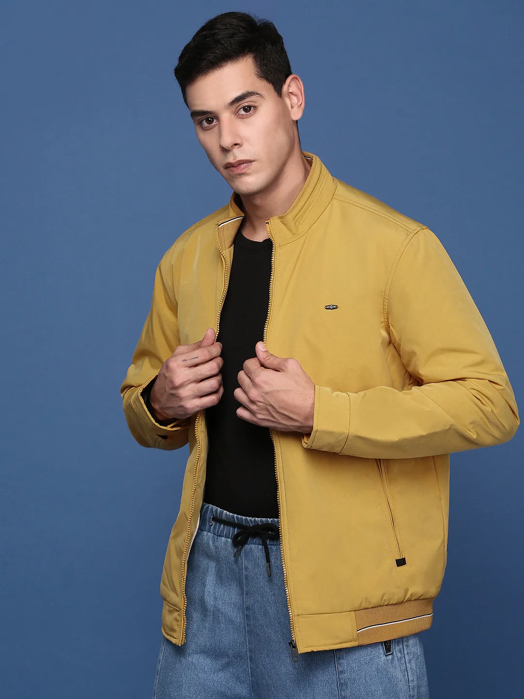 Men Yellow Windcheater Mock Collar Solid Yellow Bomber Jacket