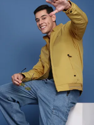 Men Yellow Windcheater Mock Collar Solid Yellow Bomber Jacket