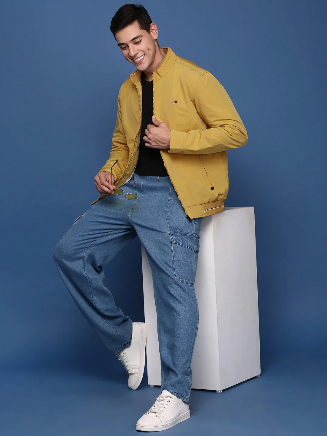 Men Yellow Windcheater Mock Collar Solid Yellow Bomber Jacket