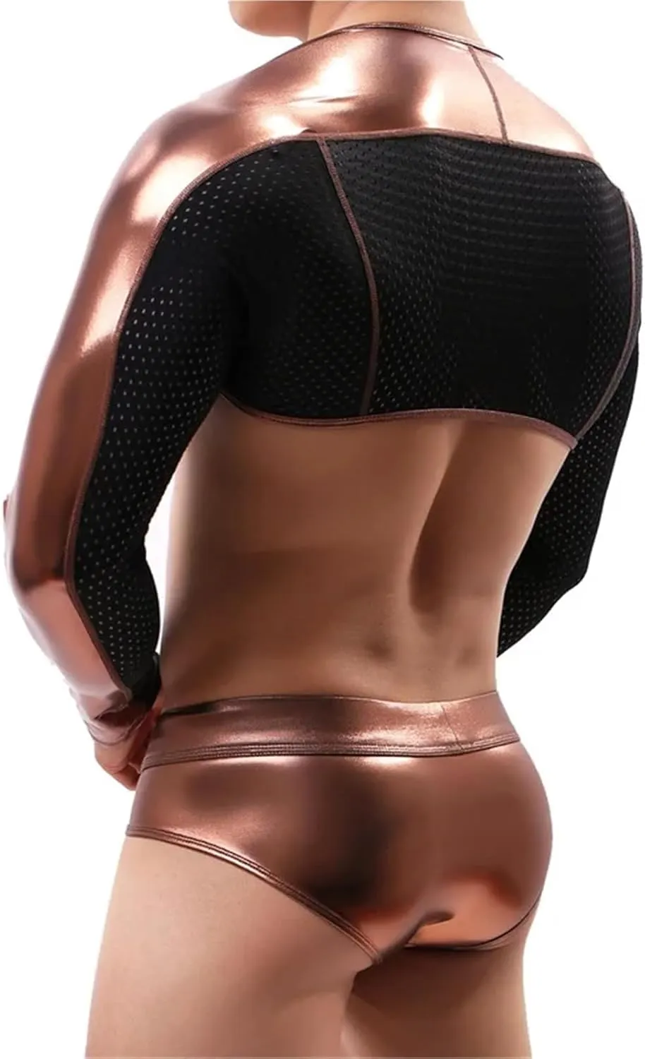 Mens Undershirts Shiny Mesh PU Leather Crop Tops PVC Wetlook Stage Dance Clubwear Sexy Boxer Briefs Underwear Men Clothes Set