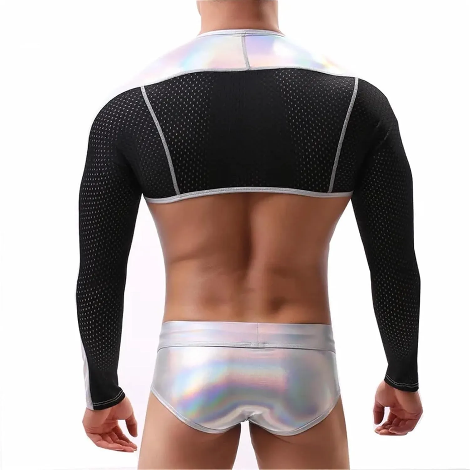 Mens Undershirts Shiny Mesh PU Leather Crop Tops PVC Wetlook Stage Dance Clubwear Sexy Boxer Briefs Underwear Men Clothes Set