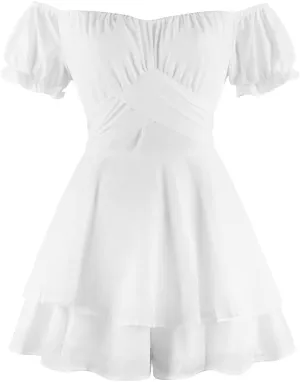 OBEEII Boho Romper for Women Off Shoulder Ruffle Chiffon Shorts Jumpsuit Playsuit Flowy Casual Summer Mini Dress