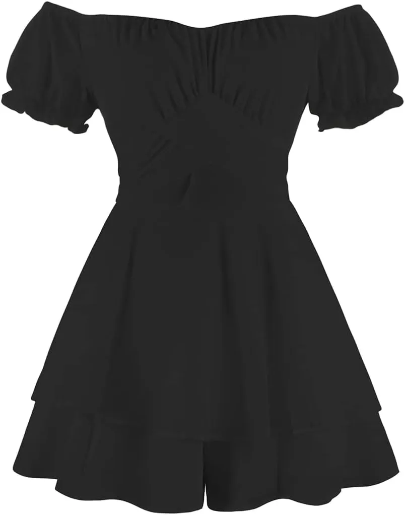 OBEEII Boho Romper for Women Off Shoulder Ruffle Chiffon Shorts Jumpsuit Playsuit Flowy Casual Summer Mini Dress