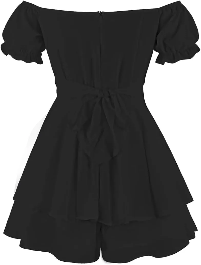 OBEEII Boho Romper for Women Off Shoulder Ruffle Chiffon Shorts Jumpsuit Playsuit Flowy Casual Summer Mini Dress