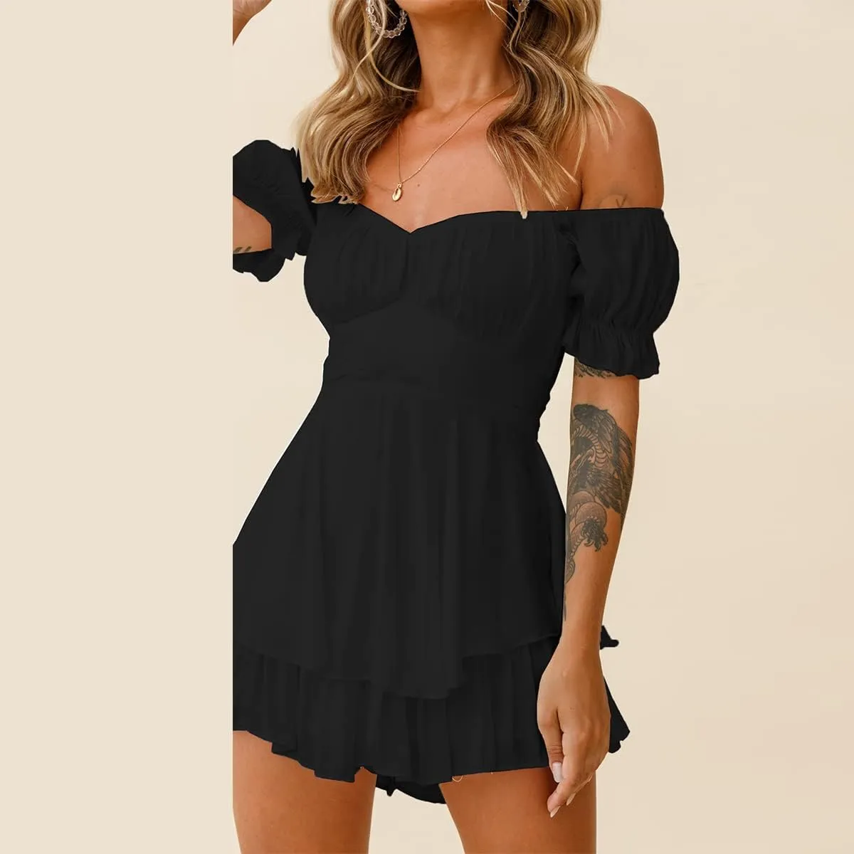 OBEEII Boho Romper for Women Off Shoulder Ruffle Chiffon Shorts Jumpsuit Playsuit Flowy Casual Summer Mini Dress