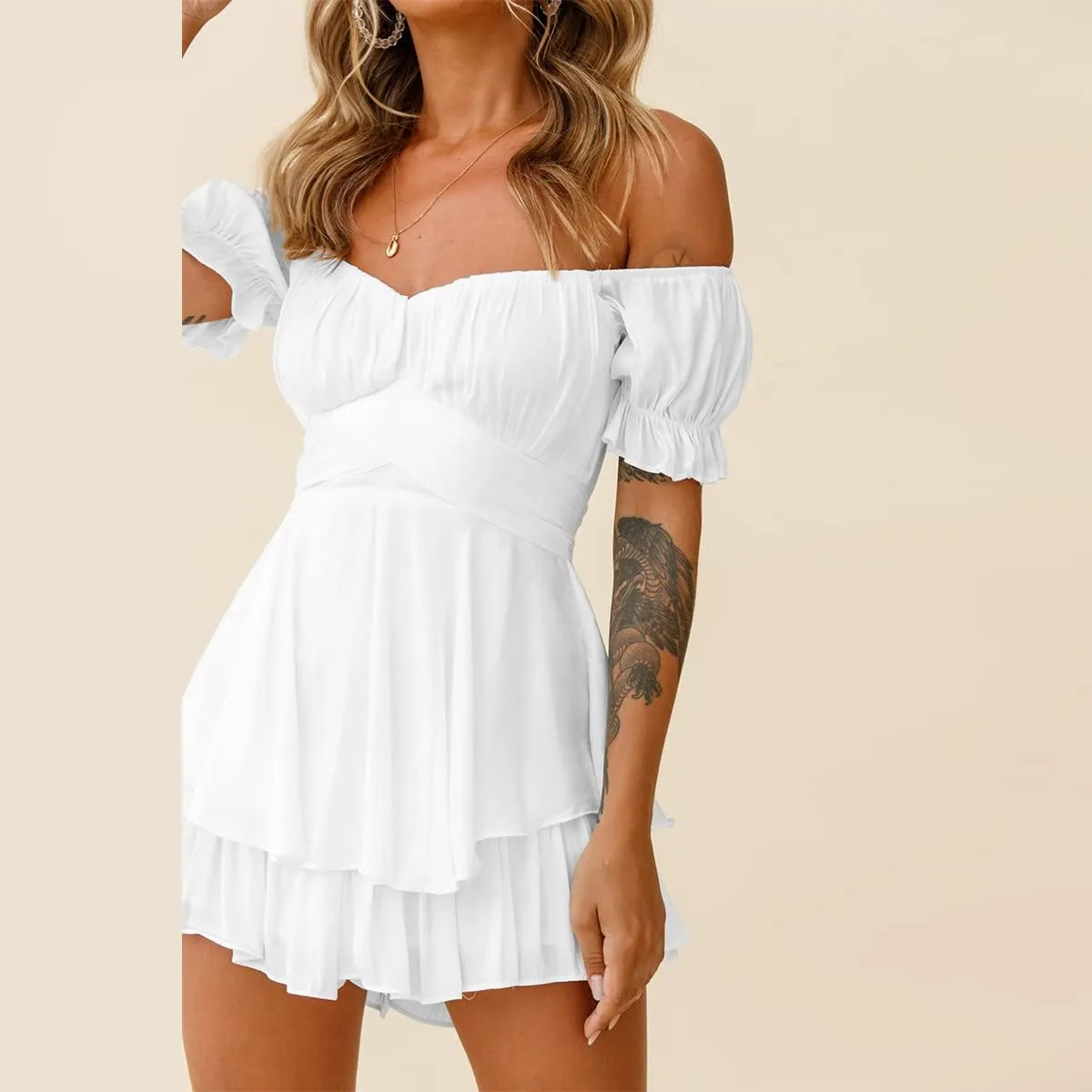 OBEEII Boho Romper for Women Off Shoulder Ruffle Chiffon Shorts Jumpsuit Playsuit Flowy Casual Summer Mini Dress