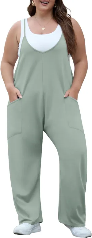 OLRIK 2025 Summer Women Plus Size Jumpsuit Adjustable Strap Overalls Loose Fit Stretchy Romper With Pockets