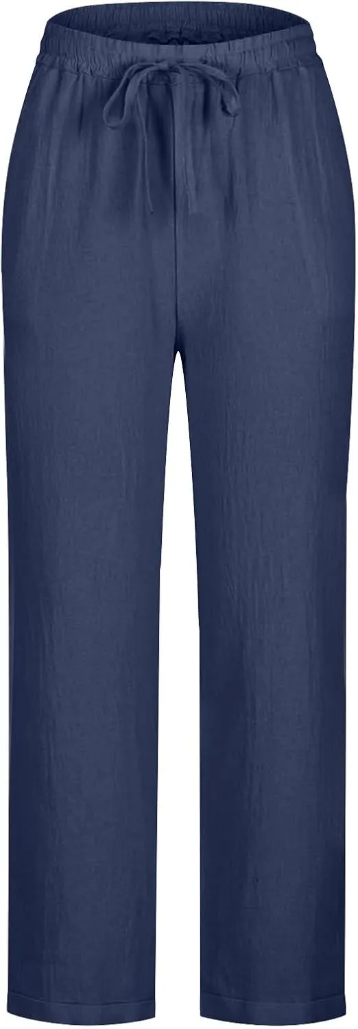 Oplxuo Womens Casual Cotton Linen High Waist Pants Drawstring Loose Fit Summer Pants Trousers with Side Pockets