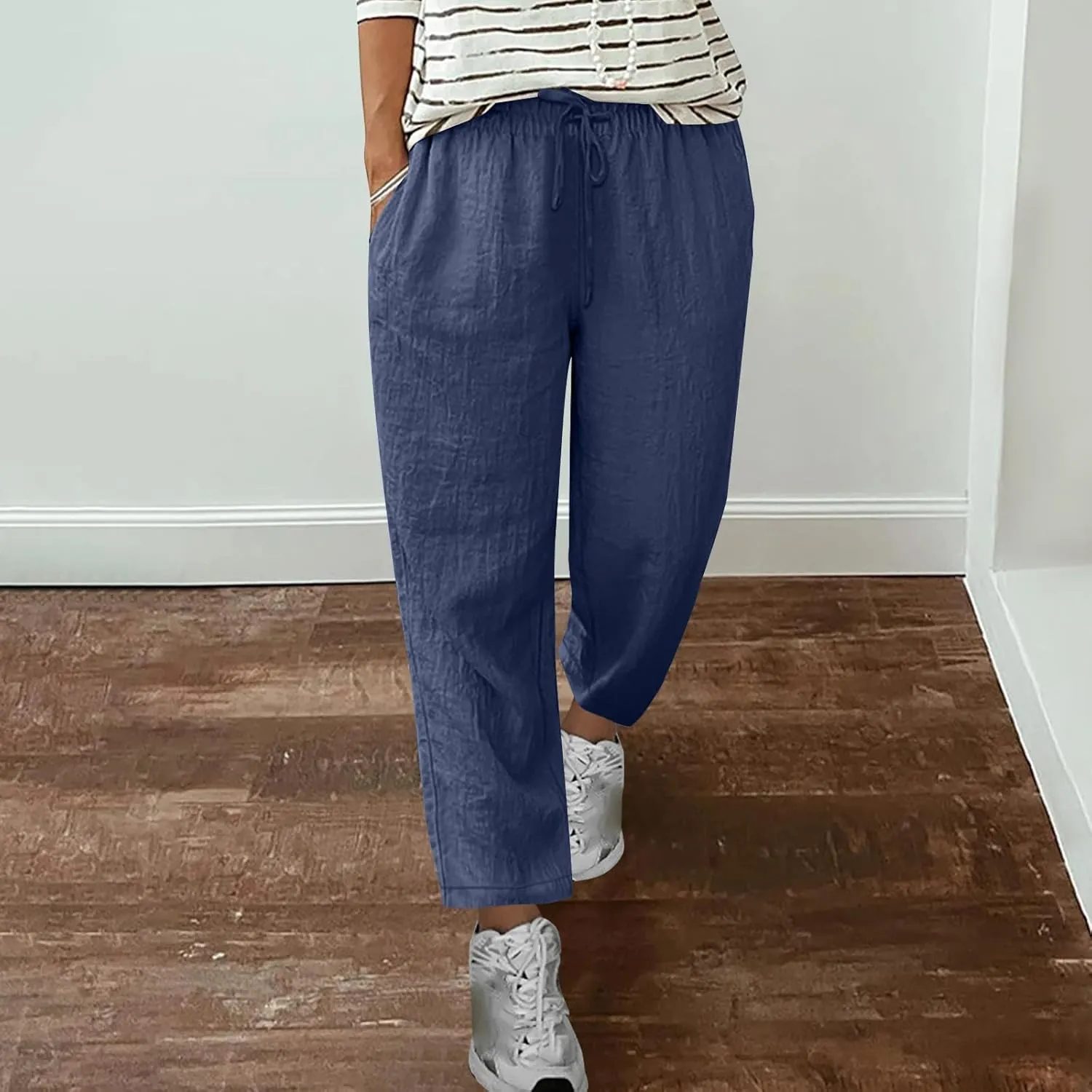 Oplxuo Womens Casual Cotton Linen High Waist Pants Drawstring Loose Fit Summer Pants Trousers with Side Pockets