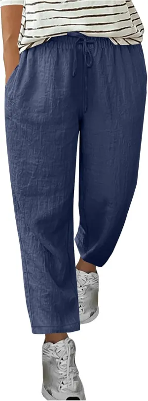 Oplxuo Womens Casual Cotton Linen High Waist Pants Drawstring Loose Fit Summer Pants Trousers with Side Pockets