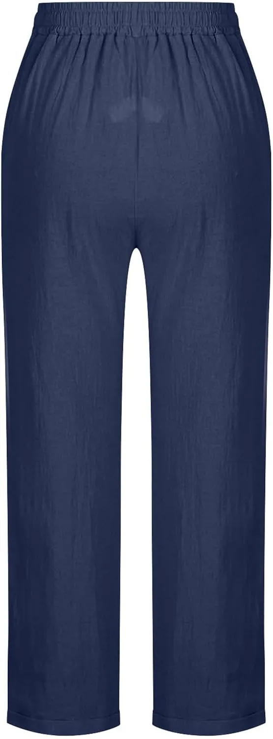 Oplxuo Womens Casual Cotton Linen High Waist Pants Drawstring Loose Fit Summer Pants Trousers with Side Pockets