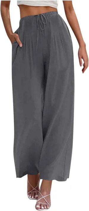 Palazzo Pants for Women High Waisted Straight Wide Leg Linen Trousers Drawstring Elastic Summer Outfits