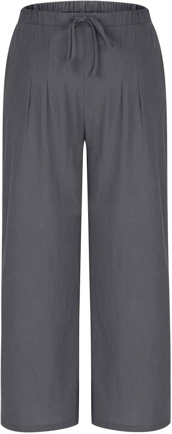 Palazzo Pants for Women High Waisted Straight Wide Leg Linen Trousers Drawstring Elastic Summer Outfits