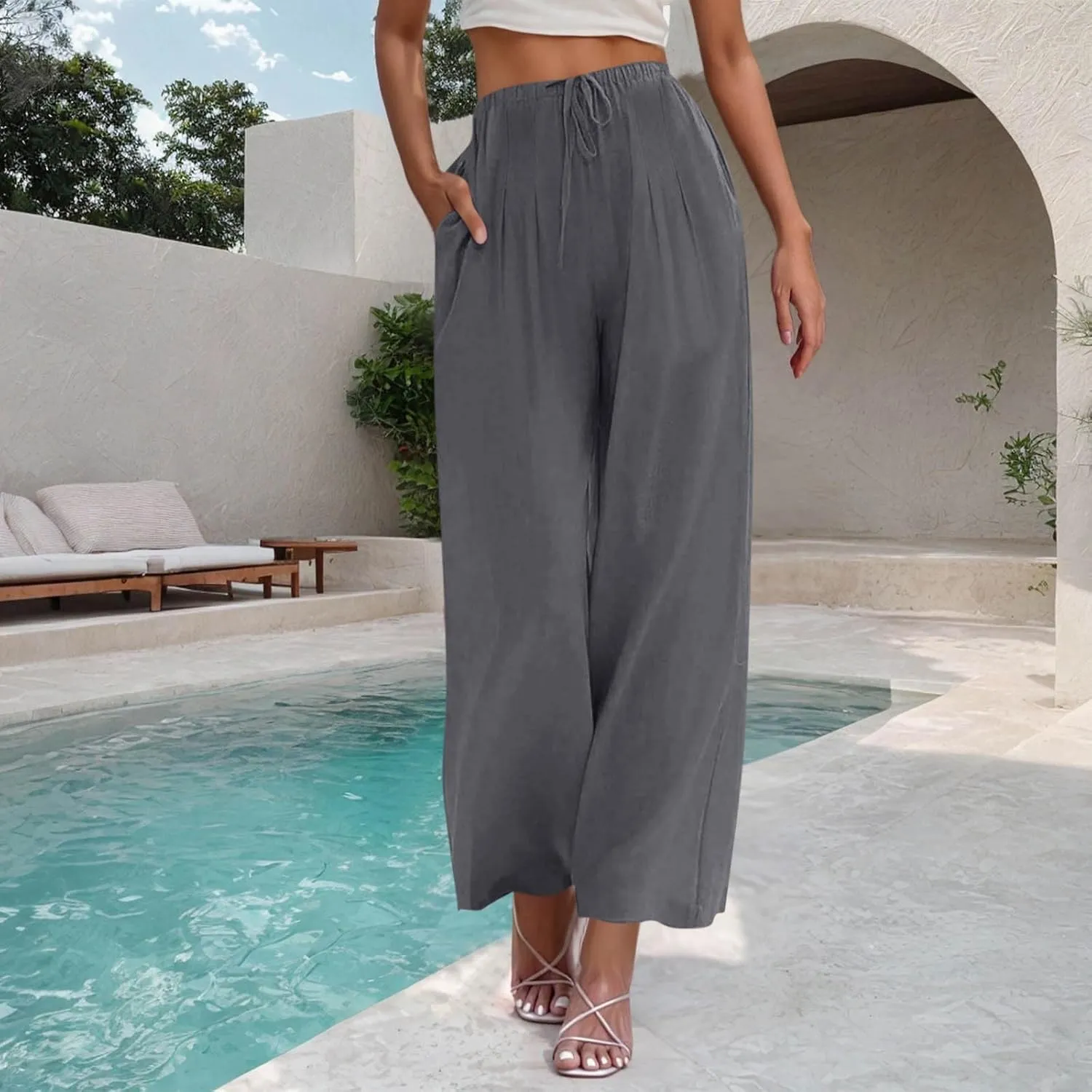Palazzo Pants for Women High Waisted Straight Wide Leg Linen Trousers Drawstring Elastic Summer Outfits