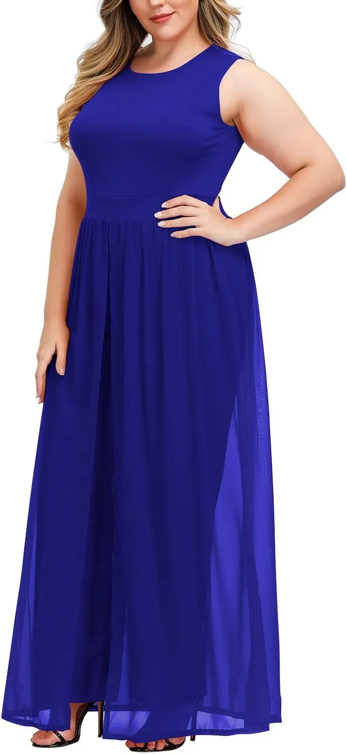 Pink Queen Women's Plus Size Sleeveless Tank Top Wide Leg Long Pants Chiffon Overlay Party Jumpsuit