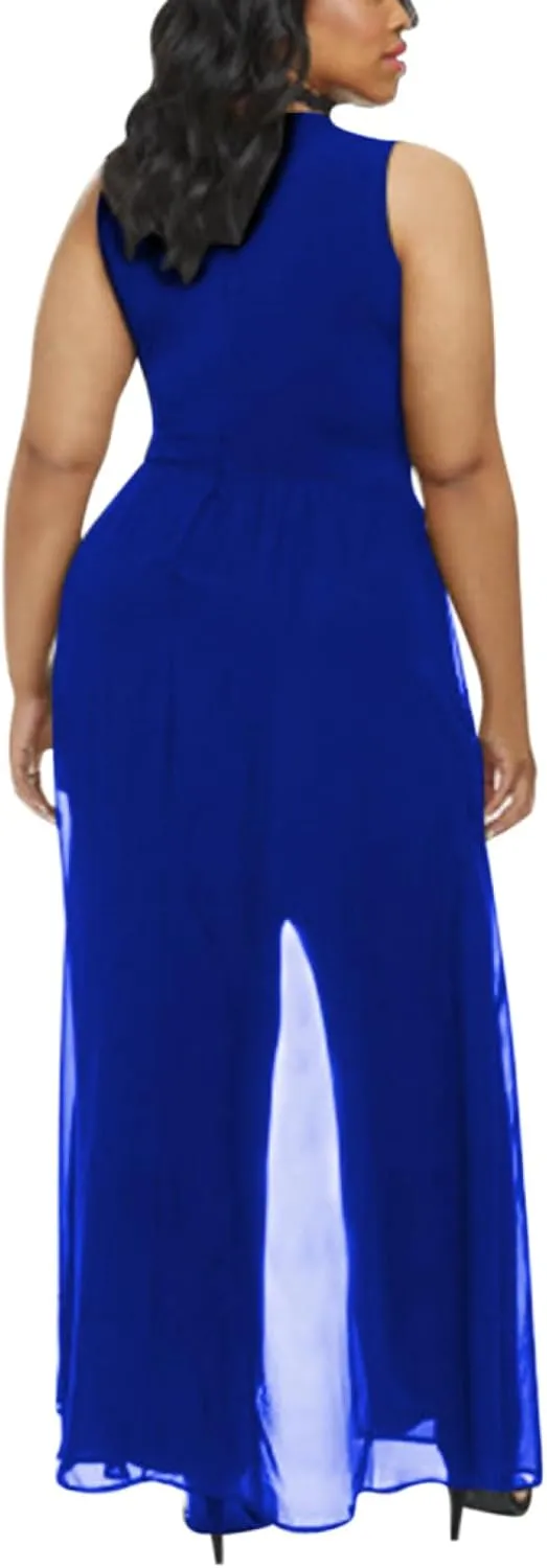 Pink Queen Women's Plus Size Sleeveless Tank Top Wide Leg Long Pants Chiffon Overlay Party Jumpsuit