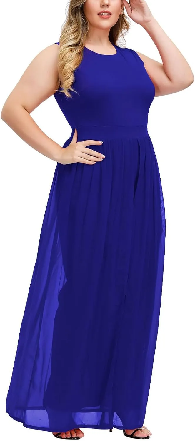 Pink Queen Women's Plus Size Sleeveless Tank Top Wide Leg Long Pants Chiffon Overlay Party Jumpsuit