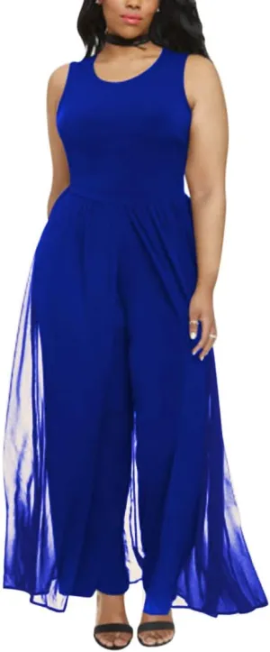 Pink Queen Women's Plus Size Sleeveless Tank Top Wide Leg Long Pants Chiffon Overlay Party Jumpsuit
