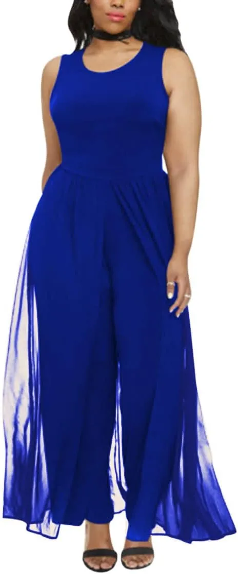 Pink Queen Women's Plus Size Sleeveless Tank Top Wide Leg Long Pants Chiffon Overlay Party Jumpsuit