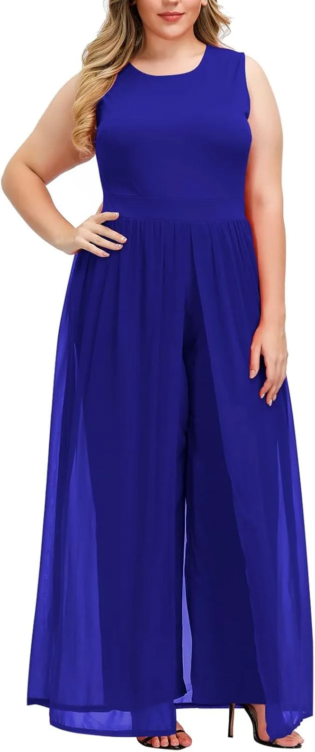 Pink Queen Women's Plus Size Sleeveless Tank Top Wide Leg Long Pants Chiffon Overlay Party Jumpsuit