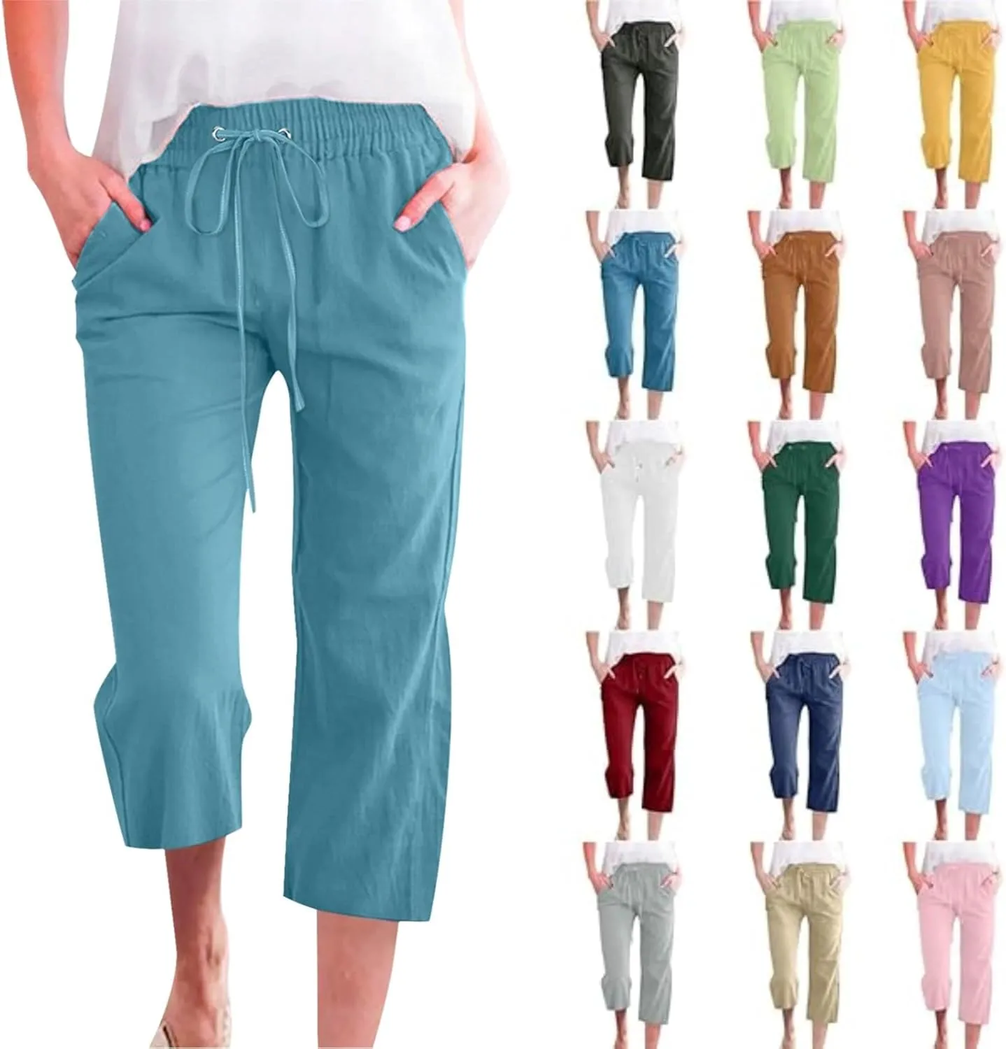 Plus Size Linen Pants for Women,Womens Clothing Trendy 2025 Capri Pants for Women Casual Summer Cotton Linen Capris Drawstring Elastic High Waist Pants Wide Leg Cropped Trouser Sky Blue XXL