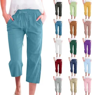 Plus Size Linen Pants for Women,Womens Clothing Trendy 2025 Capri Pants for Women Casual Summer Cotton Linen Capris Drawstring Elastic High Waist Pants Wide Leg Cropped Trouser Sky Blue XXL