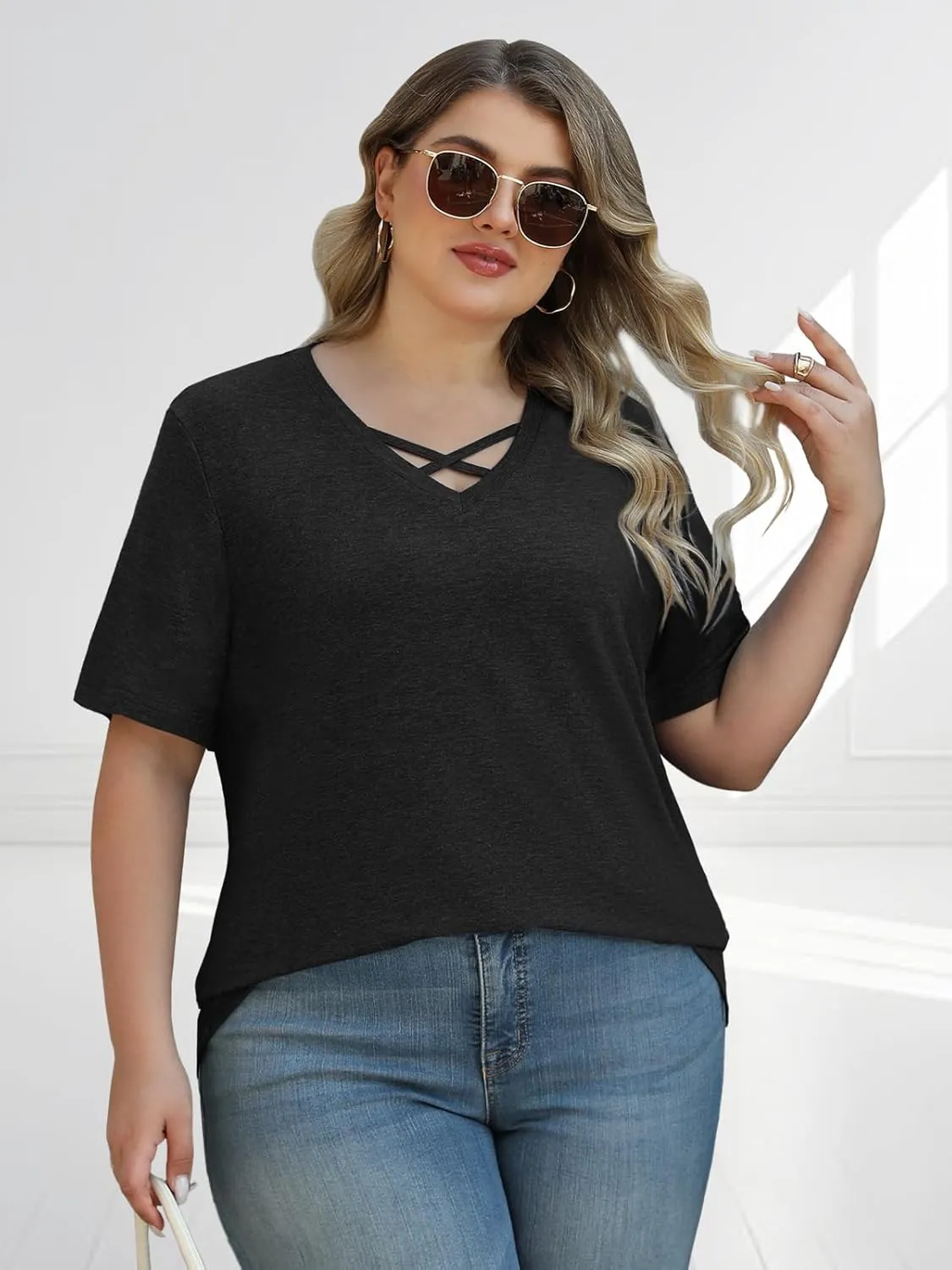 Plus Size Tops for Women Summer Trendy Criss Cross Shirts Oversized Casual Loose Fit Tunic Tops