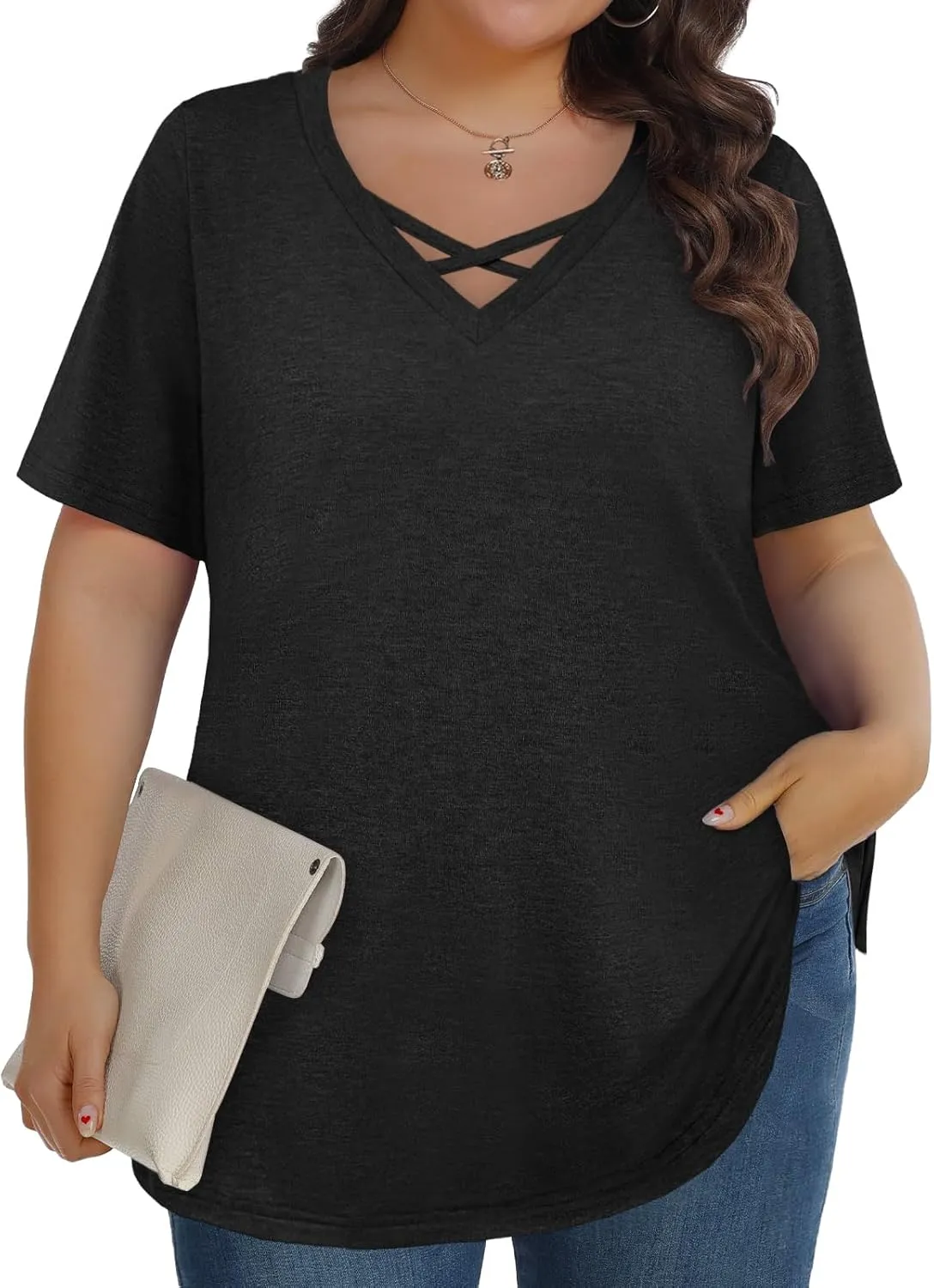 Plus Size Tops for Women Summer Trendy Criss Cross Shirts Oversized Casual Loose Fit Tunic Tops