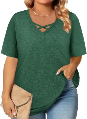 Plus Size Tops for Women Summer Trendy Criss Cross Shirts Oversized Casual Loose Fit Tunic Tops