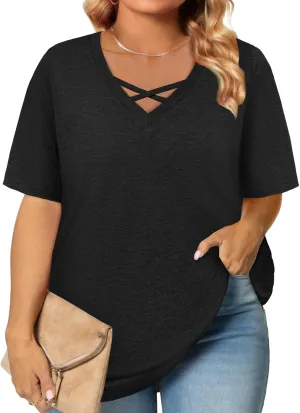 Plus Size Tops for Women Summer Trendy Criss Cross Shirts Oversized Casual Loose Fit Tunic Tops