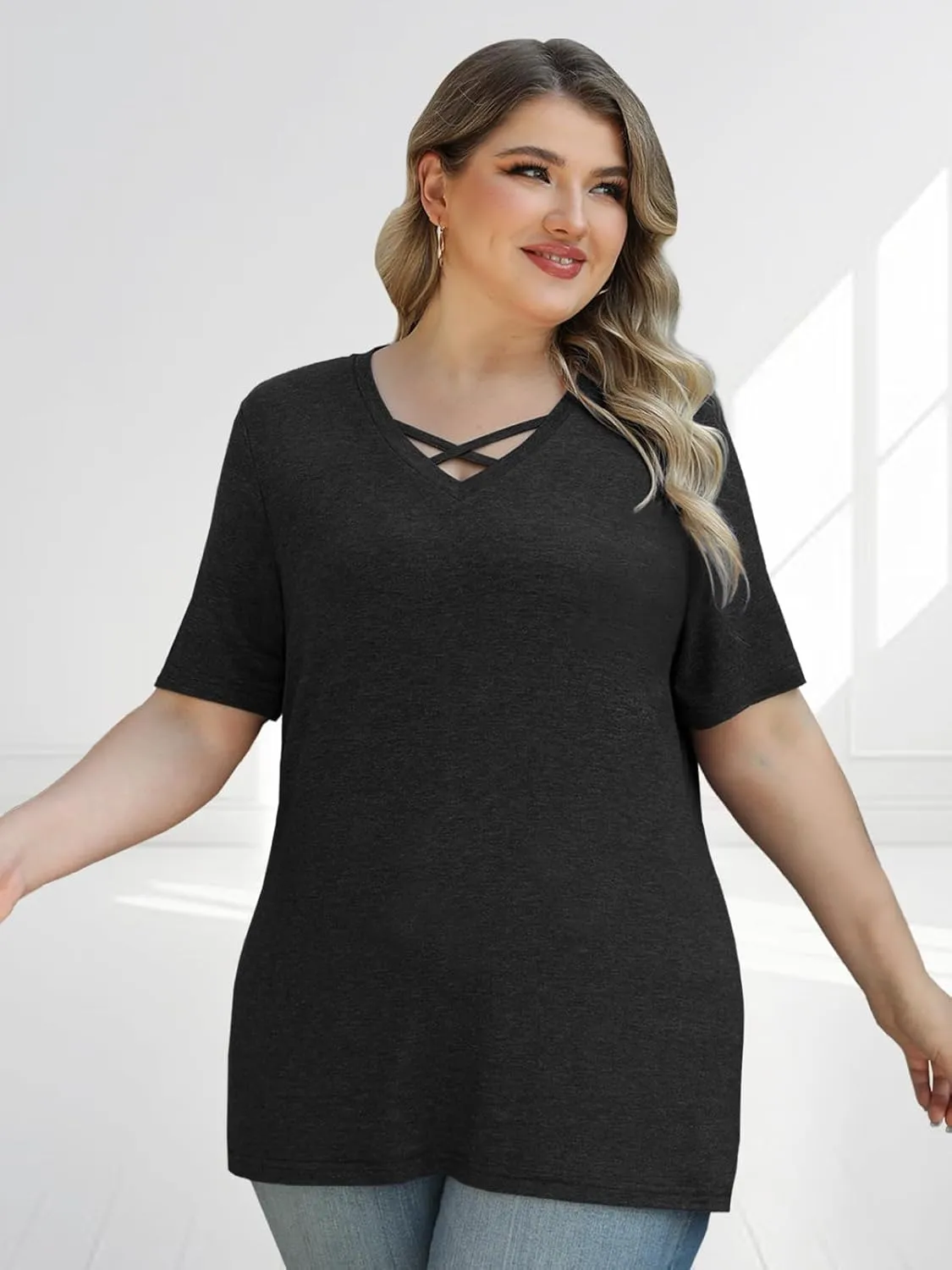 Plus Size Tops for Women Summer Trendy Criss Cross Shirts Oversized Casual Loose Fit Tunic Tops