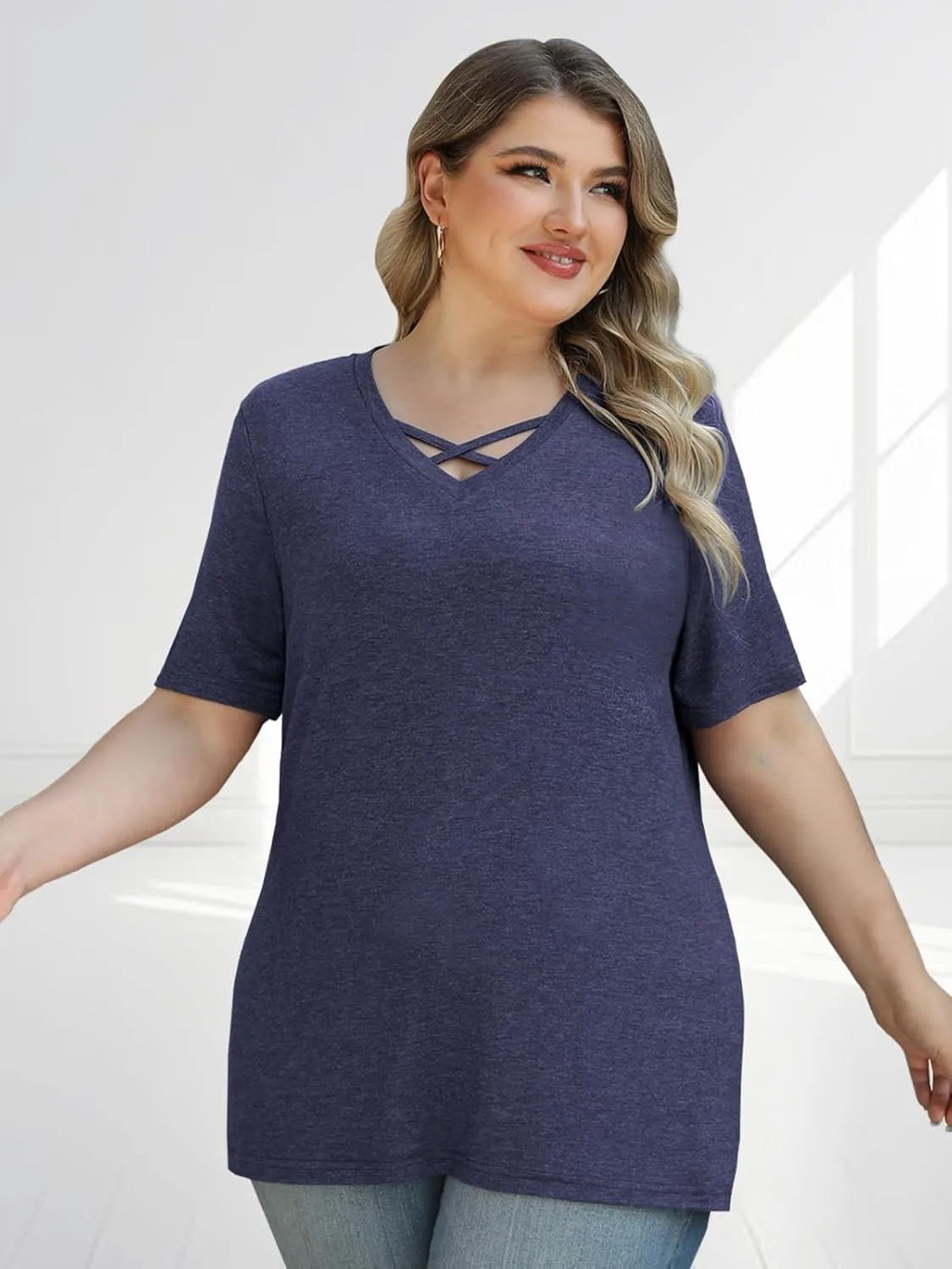 Plus Size Tops for Women Summer Trendy Criss Cross Shirts Oversized Casual Loose Fit Tunic Tops