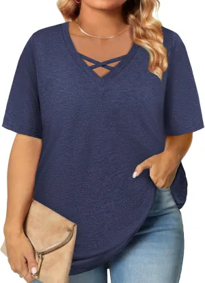 Plus Size Tops for Women Summer Trendy Criss Cross Shirts Oversized Casual Loose Fit Tunic Tops