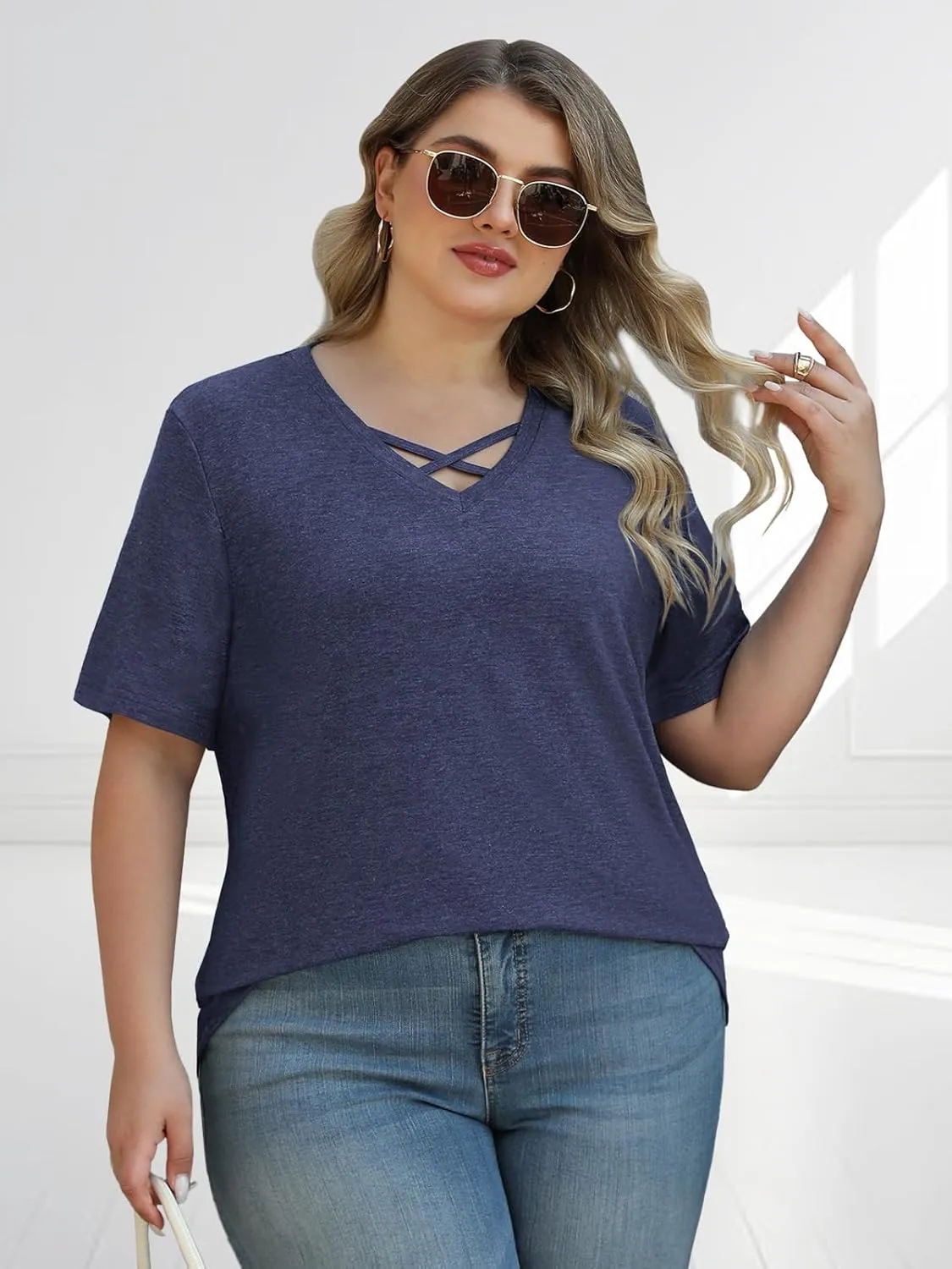 Plus Size Tops for Women Summer Trendy Criss Cross Shirts Oversized Casual Loose Fit Tunic Tops