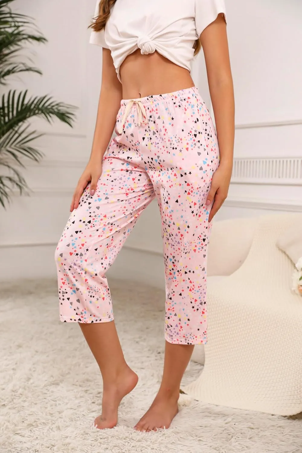 PNAEONG 3 Pack Women Pajama Pants Capri Length Drawstring Pj Bottoms Sleep Lounge Pants with Pockets S-3XL