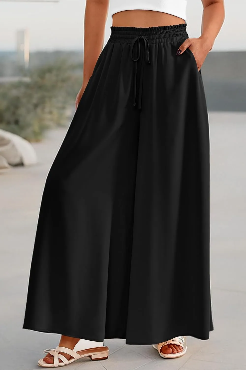 PRETTYGARDEN Women's 2025 Summer Wide Leg Palazzo Pants High Waisted Flowy Pockets Trendy Casual Lounge Boho Beach Trousers