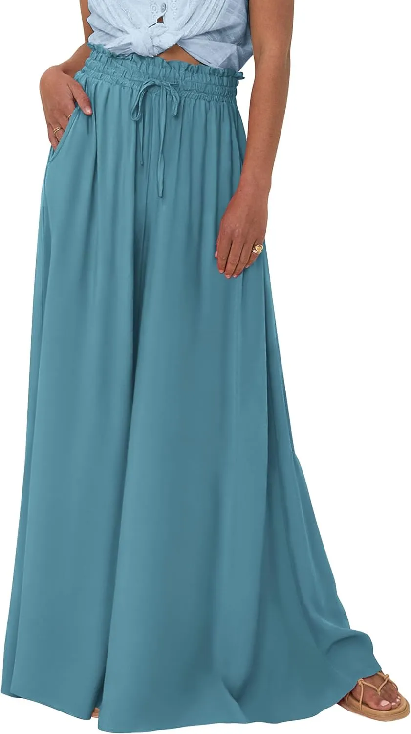 PRETTYGARDEN Women's 2025 Summer Wide Leg Palazzo Pants High Waisted Flowy Pockets Trendy Casual Lounge Boho Beach Trousers