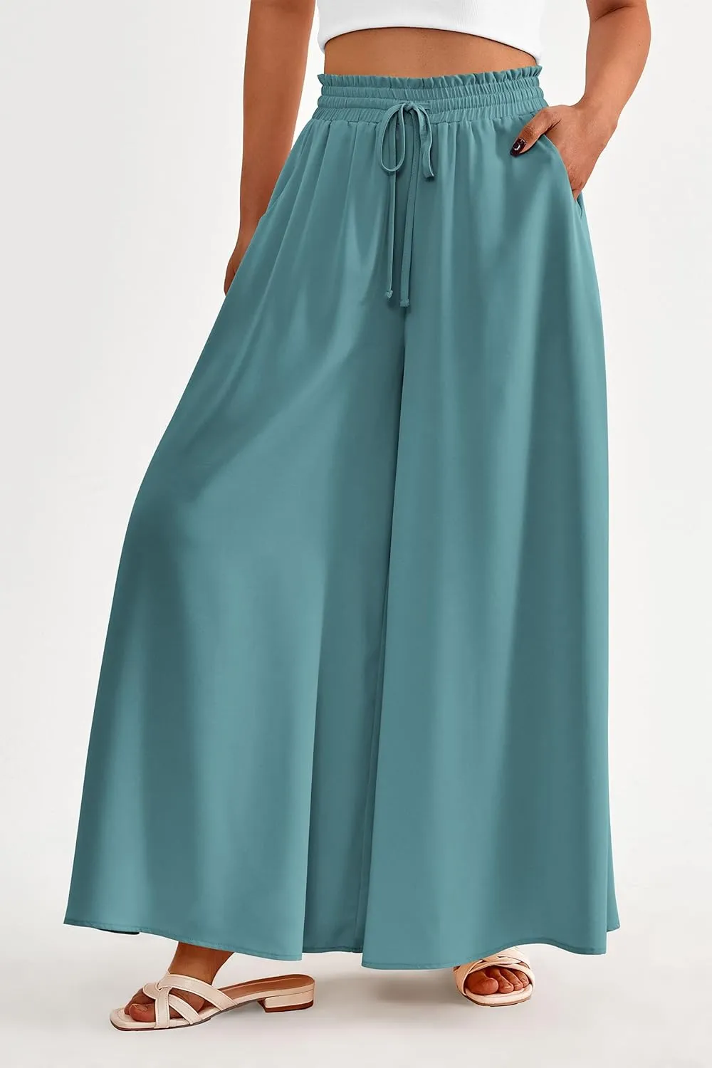 PRETTYGARDEN Women's 2025 Summer Wide Leg Palazzo Pants High Waisted Flowy Pockets Trendy Casual Lounge Boho Beach Trousers