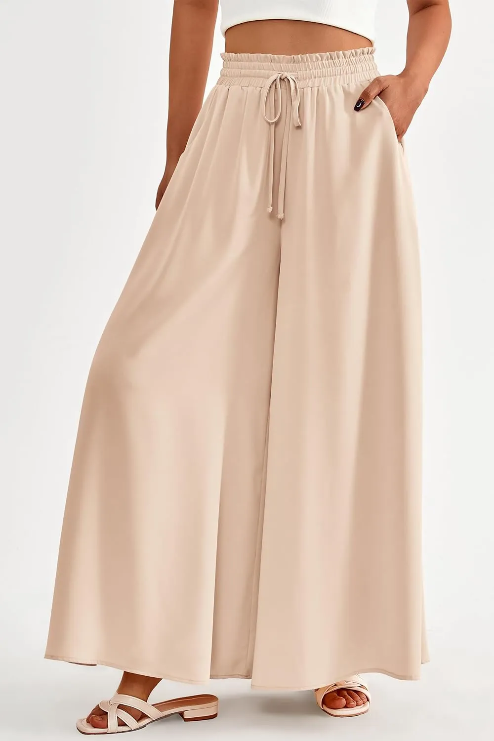 PRETTYGARDEN Women's 2025 Summer Wide Leg Palazzo Pants High Waisted Flowy Pockets Trendy Casual Lounge Boho Beach Trousers