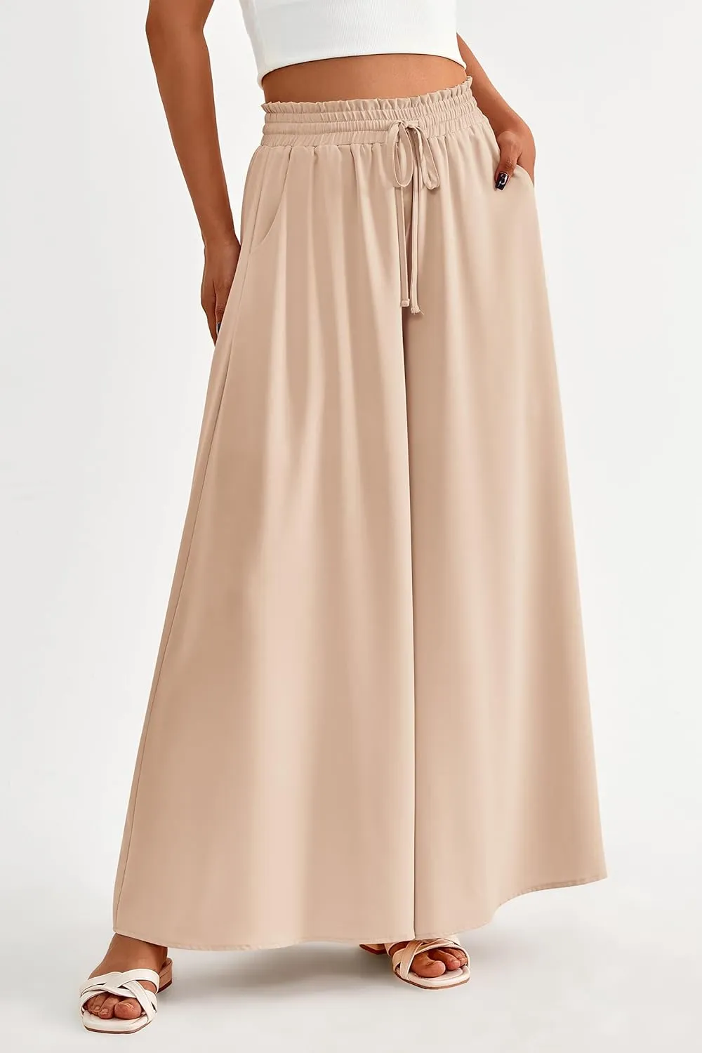PRETTYGARDEN Women's 2025 Summer Wide Leg Palazzo Pants High Waisted Flowy Pockets Trendy Casual Lounge Boho Beach Trousers