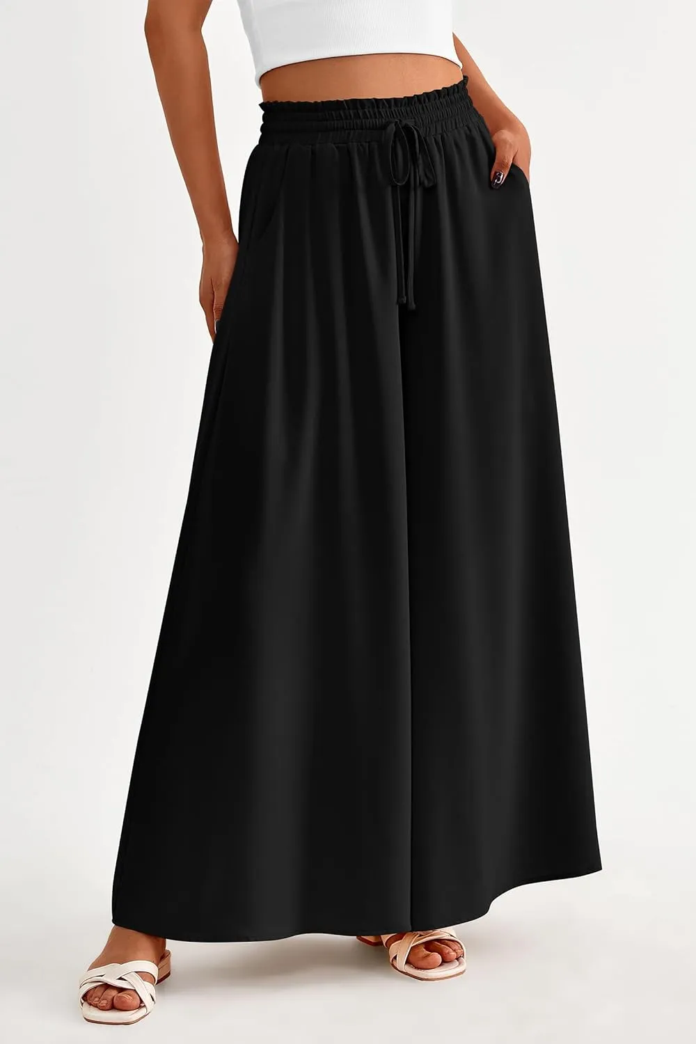PRETTYGARDEN Women's 2025 Summer Wide Leg Palazzo Pants High Waisted Flowy Pockets Trendy Casual Lounge Boho Beach Trousers