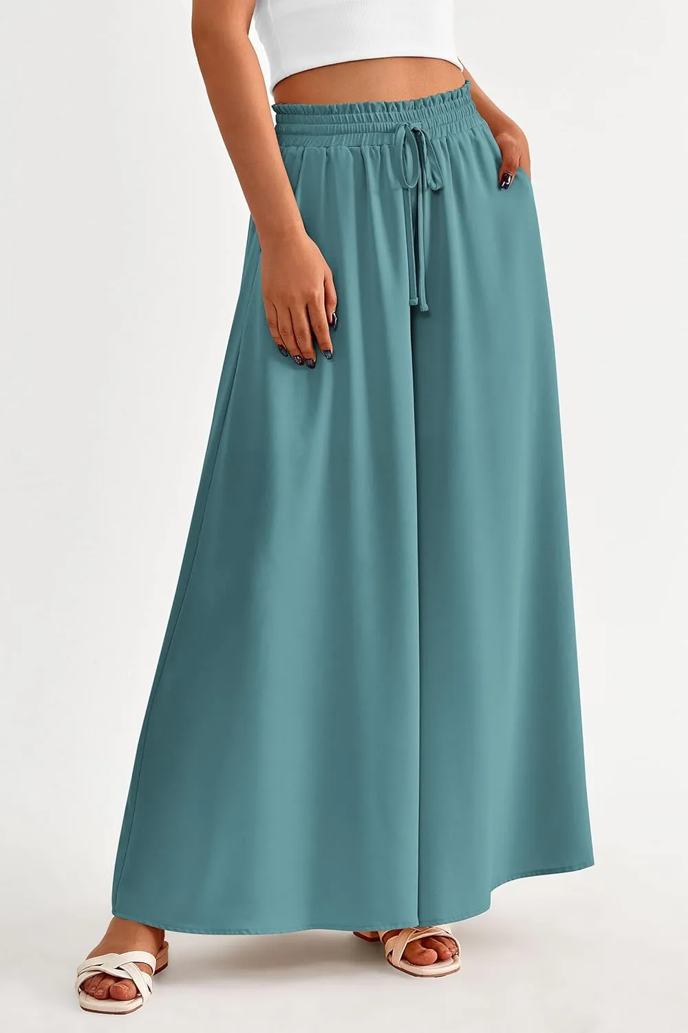 PRETTYGARDEN Women's 2025 Summer Wide Leg Palazzo Pants High Waisted Flowy Pockets Trendy Casual Lounge Boho Beach Trousers