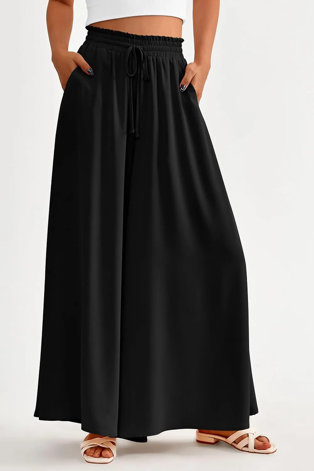 PRETTYGARDEN Women's 2025 Summer Wide Leg Palazzo Pants High Waisted Flowy Pockets Trendy Casual Lounge Boho Beach Trousers
