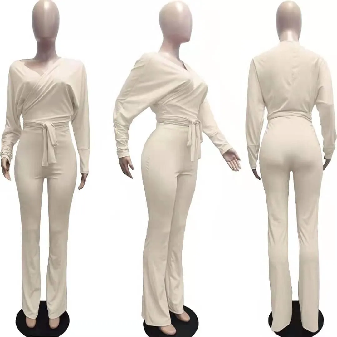 Remelon Womens Fall Rib-Knit 2 Piece Outfits V Neck Wrap Knot Crop Top Bodycon Wide Leg Pants Joggers Set Sweatsuits