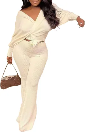 Remelon Womens Fall Rib-Knit 2 Piece Outfits V Neck Wrap Knot Crop Top Bodycon Wide Leg Pants Joggers Set Sweatsuits
