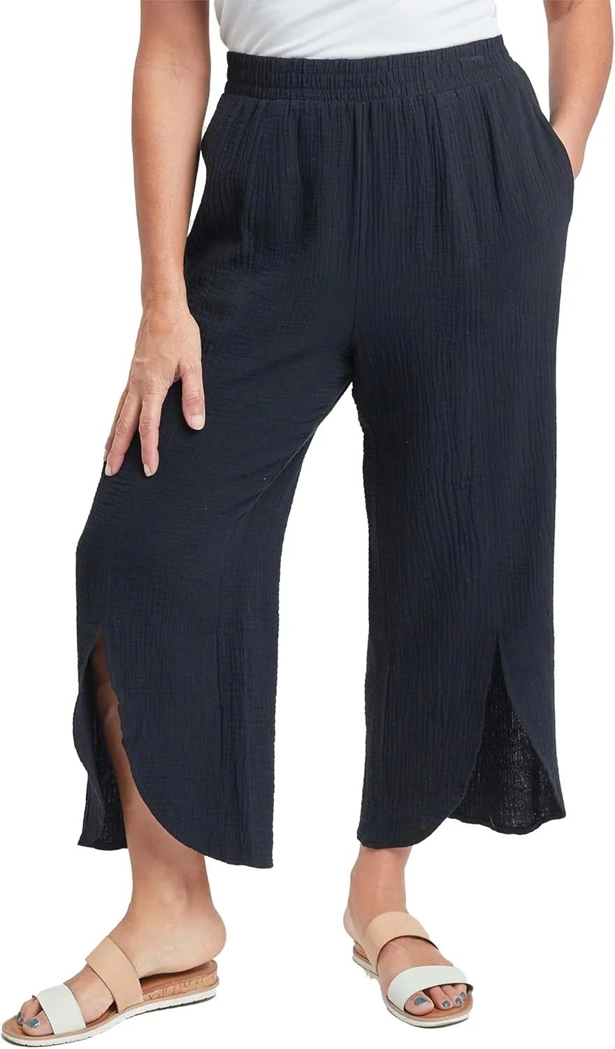 Royalty For Me Womens Womens Double Gauze Front Split Wide Leg Pants