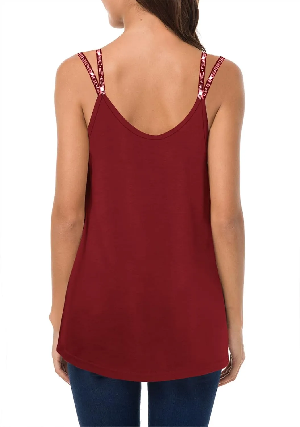 Soesdemo Dressy Tank Top for Women Casual Summer Floral Rhinestones Spaghetti Strap V Neck Sleeveless Tunic for Leggings
