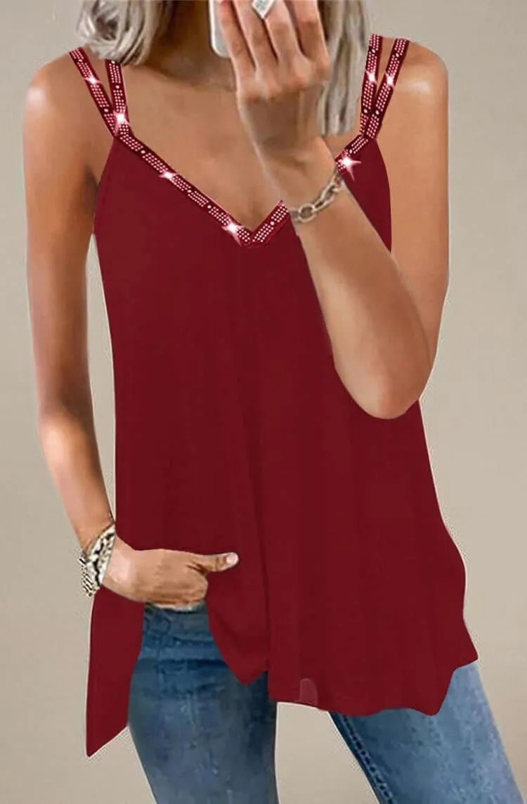 Soesdemo Dressy Tank Top for Women Casual Summer Floral Rhinestones Spaghetti Strap V Neck Sleeveless Tunic for Leggings